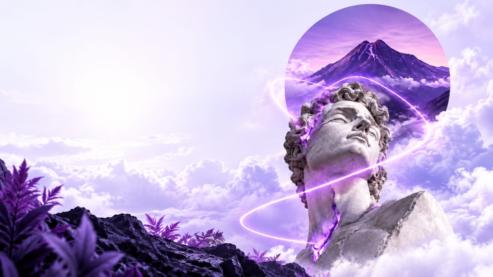 Estatua de mármol frente a un volcán violeta, imagen de Volcana Labs