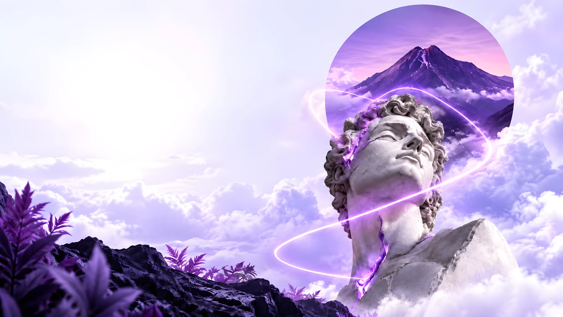 Estatua de mármol frente a un volcán violeta, imagen de Volcana Labs
